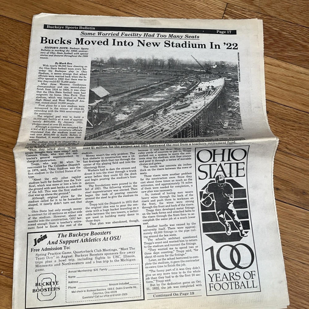 BUCKEYE SPORTS BULLETIN Article Remembers Buck Moving Into New Stadium In 1922